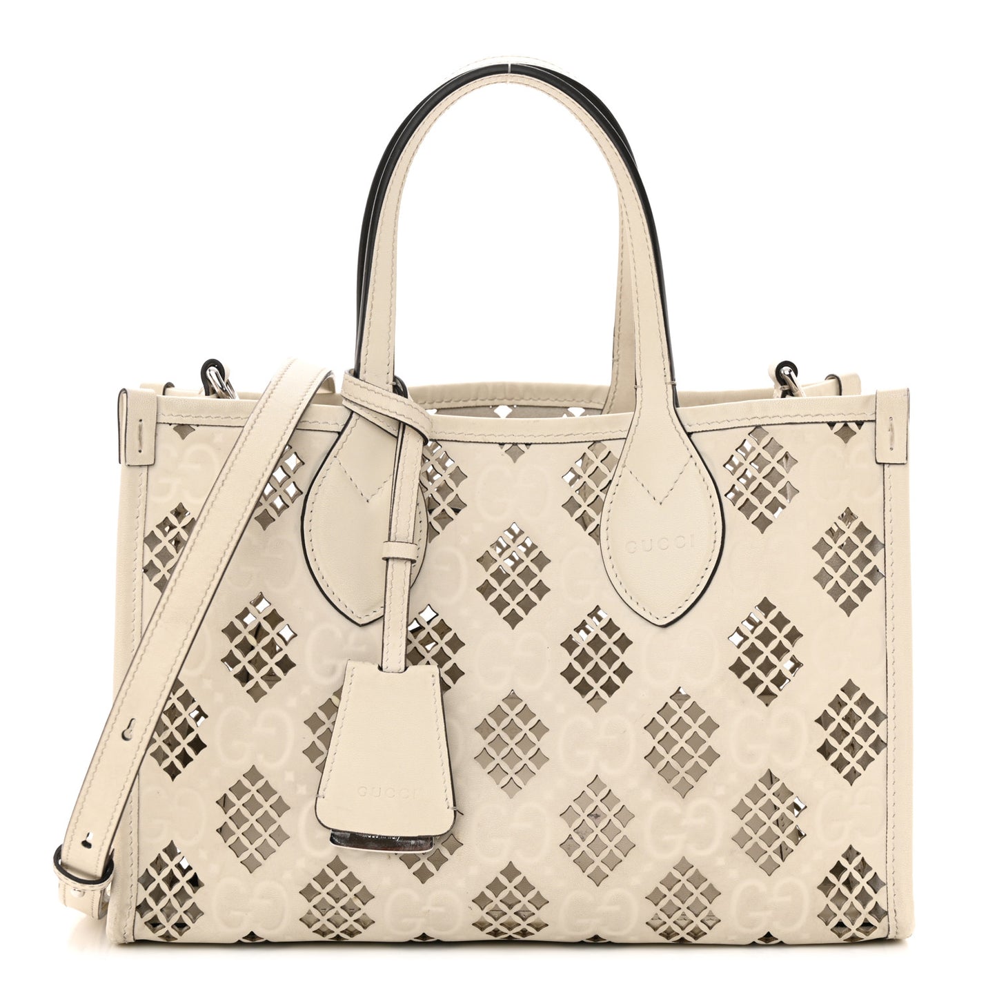Calfskin GG Monogram Diamond Cut Small Ophidia Tote Bag Off White