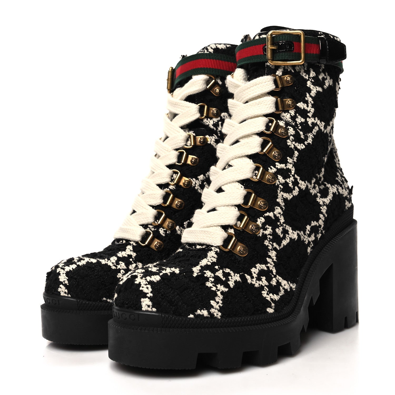 Gucci Tweed GG Monogram Lace Up Combat Ankle Boots 36.5 Black 3 of 8