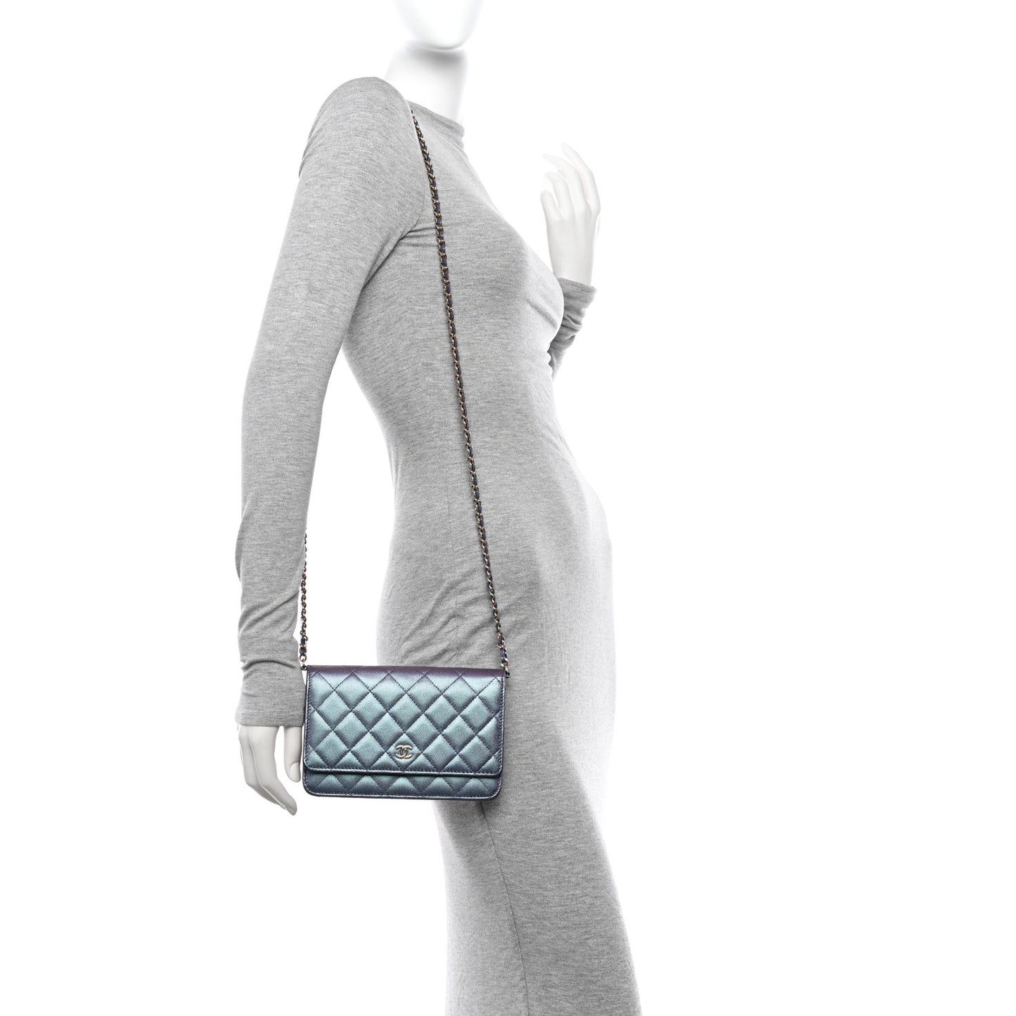 Iridescent Caviar Quilted Wallet on Chain WOC Dark Blue