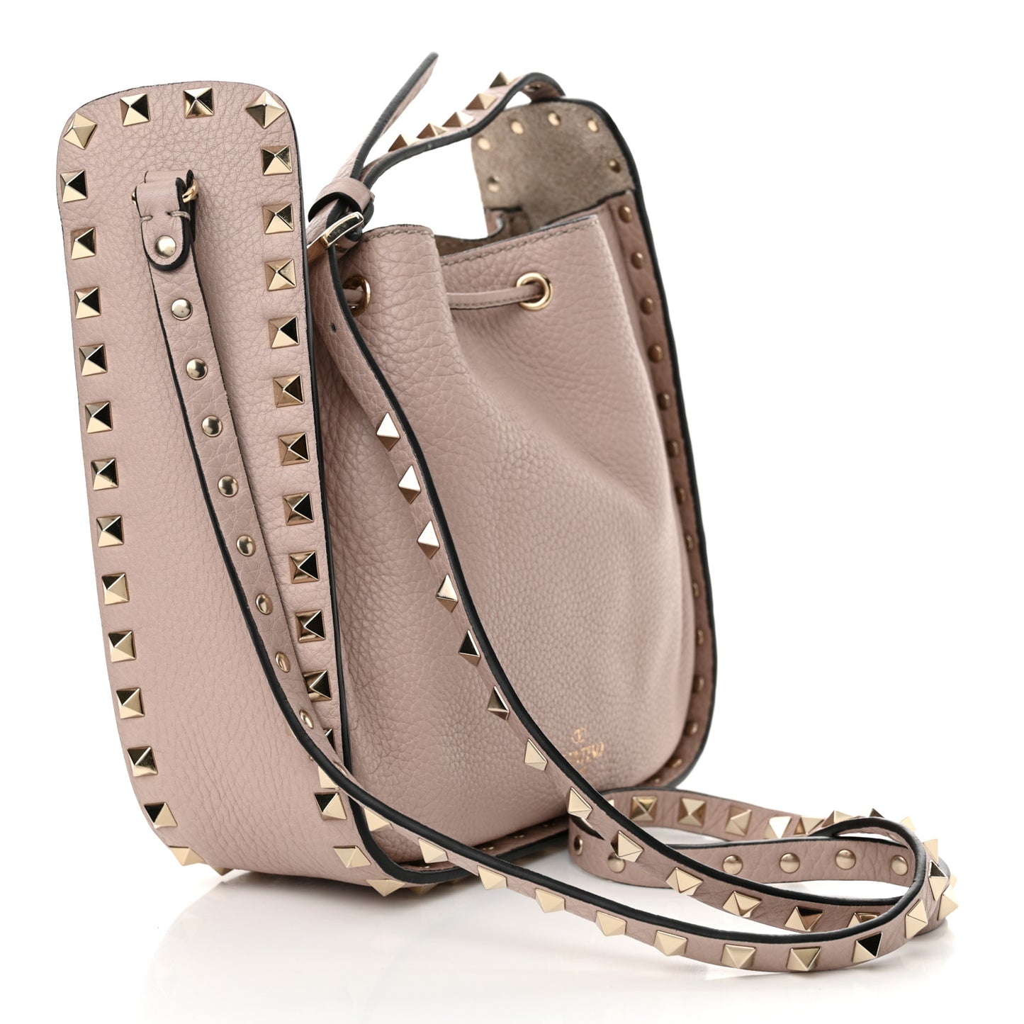 Grained Calfskin Rockstud Bucket Bag Poudre