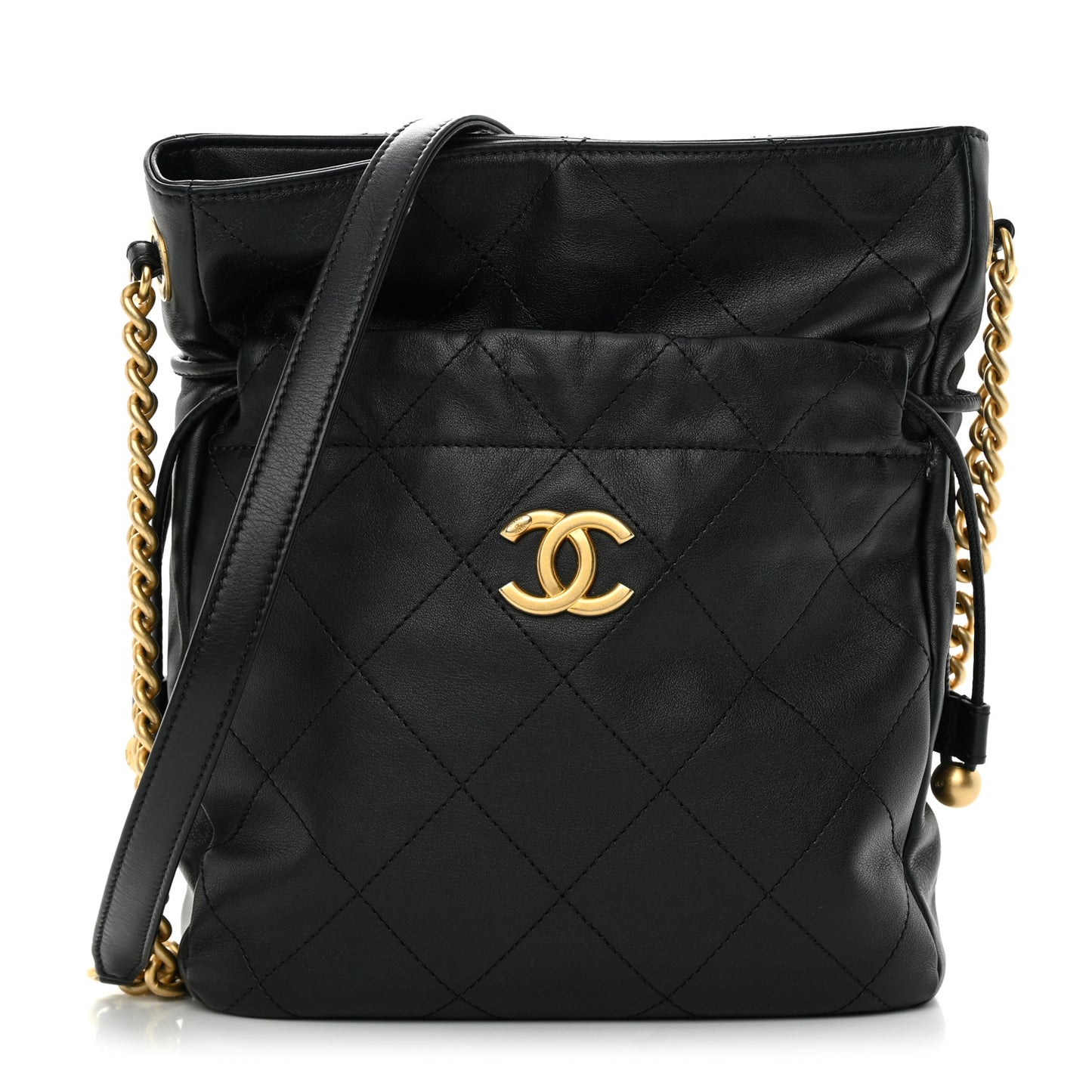 Calfskin Quilted Drawstring Bucket Bag Black