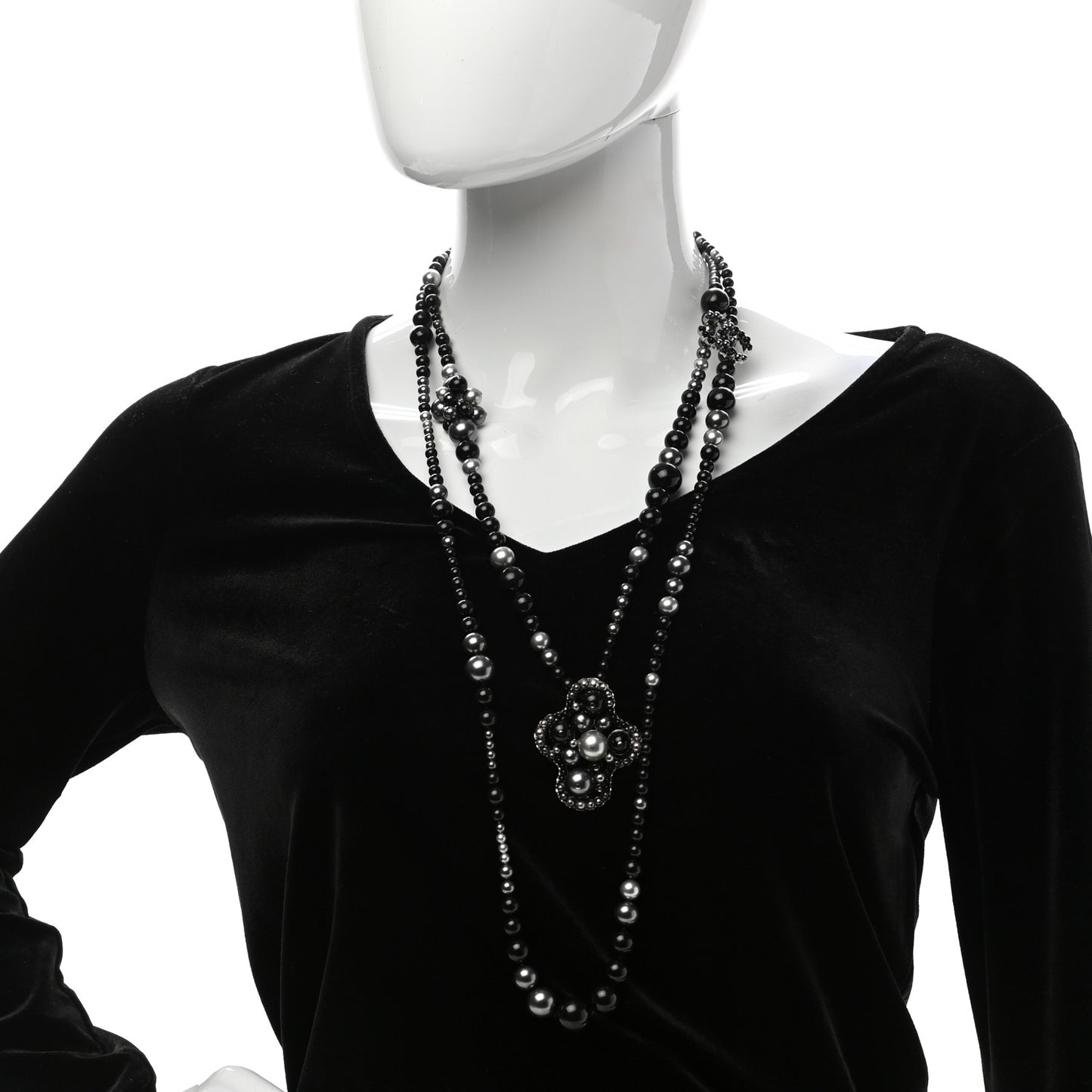 Pearl Beaded CC Long Necklace Black Silver