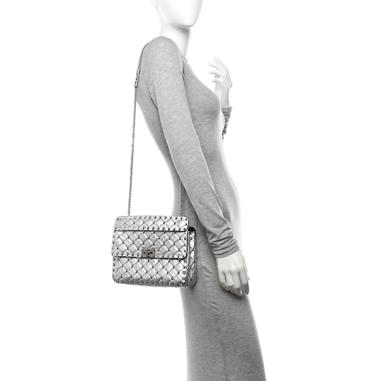Metallic Nappa Medium Rockstud Spike Shoulder Bag Silver