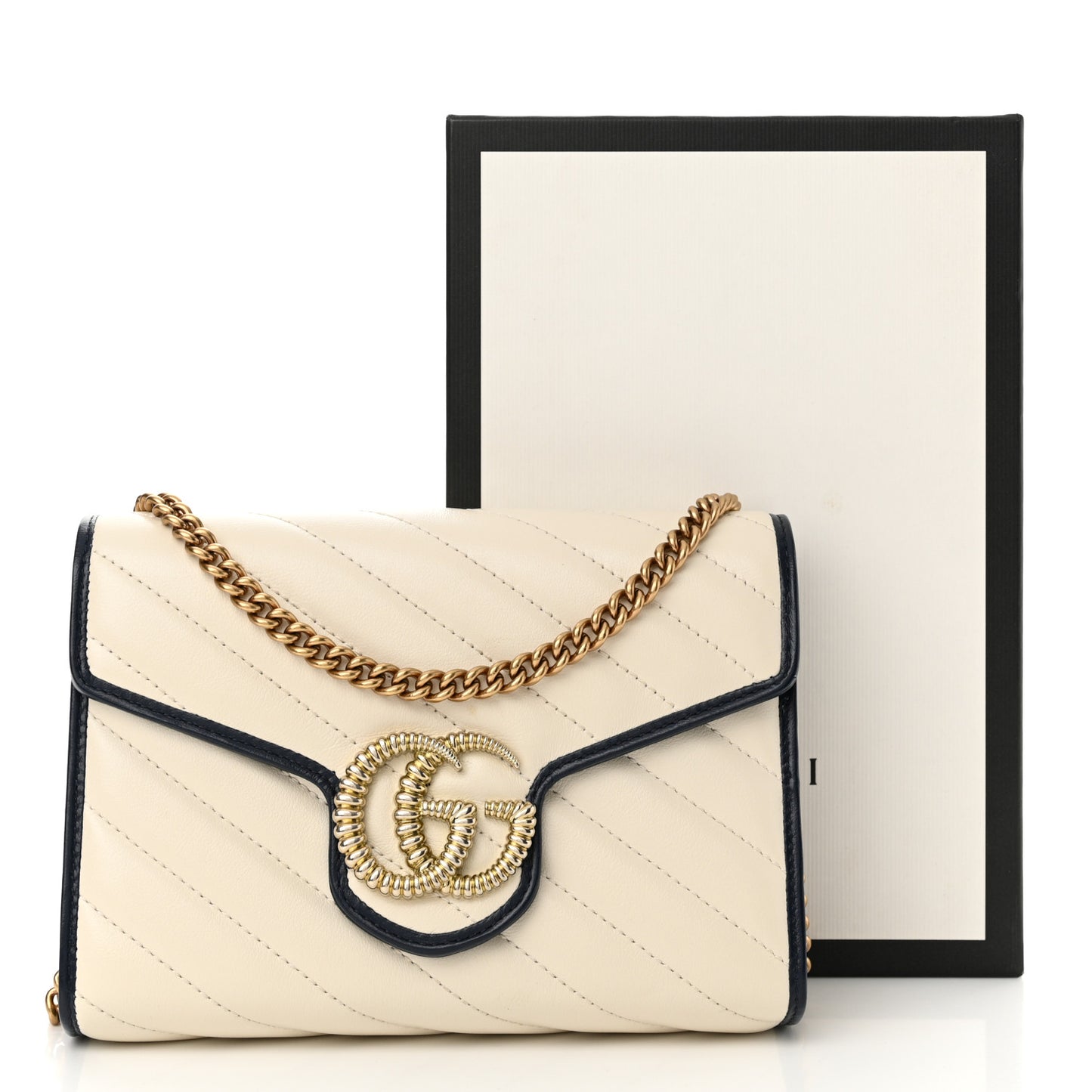 Vintage Effect Calfskin Matelasse Diagonal Torchon GG Marmont Chain Wallet Mystic White Blue Agata