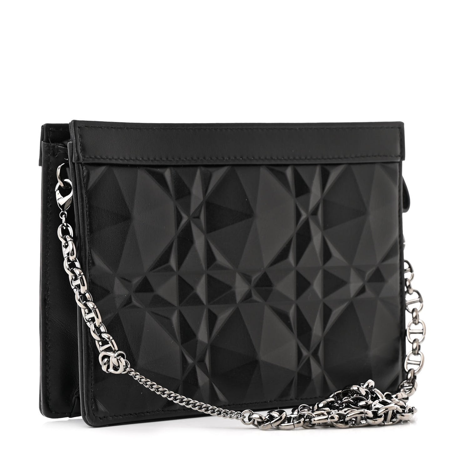 Calfskin Macrocannage Diamond Caro Zipped Pouch With Chain Black
