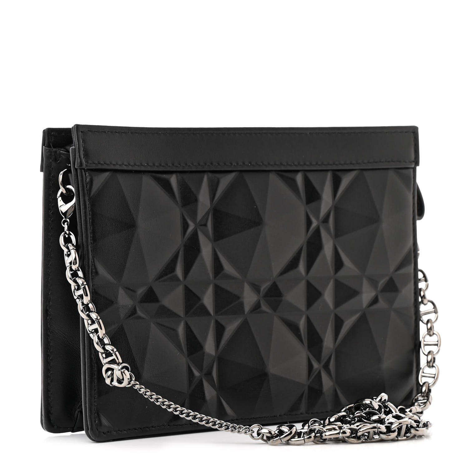 Christian Dior Calfskin Macrocannage Diamond Caro Zipped Pouch With Chain Black 3 of 11