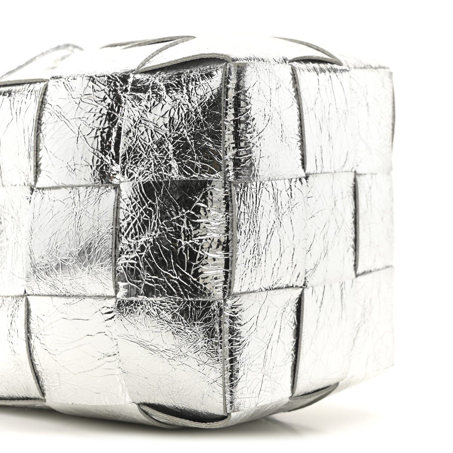 Metallic Crinkled Lambskin Maxi Intrecciato Cassette Bucket Bag Silver