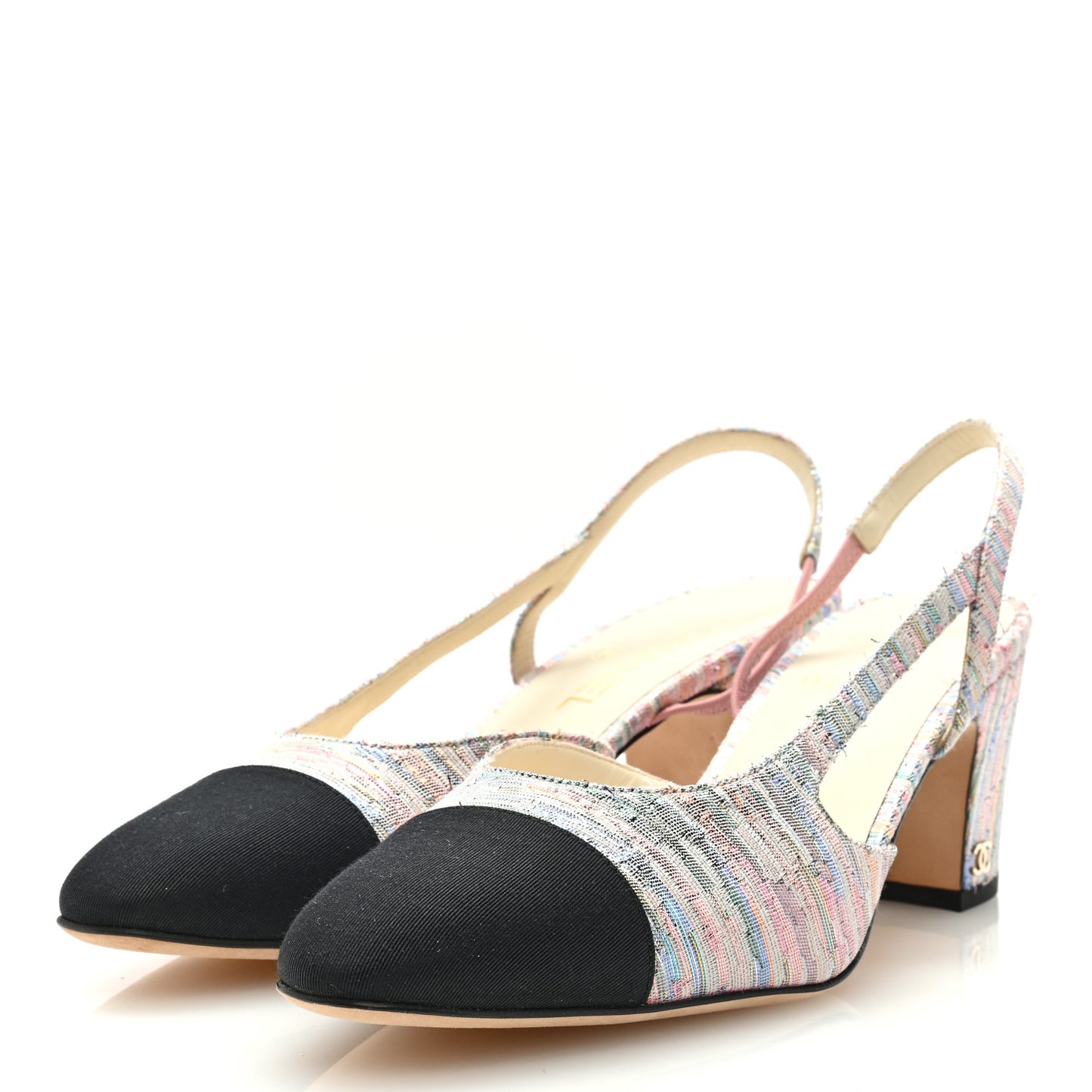 Tweed Grosgrain Cap Toe CC Slingback Pumps 41 Iridescent Multicolor Black