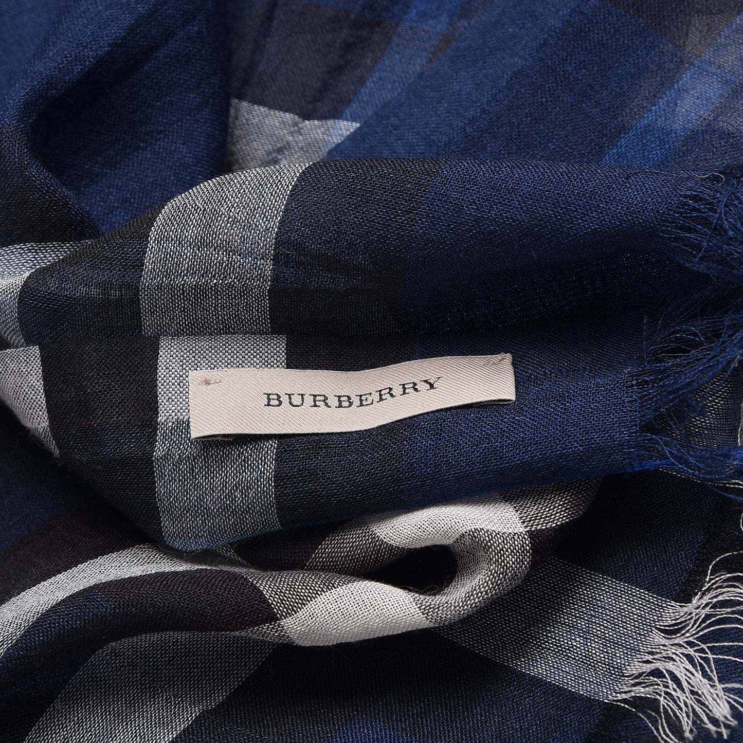 Wool Silk Giant Check Gauze Scarf Dark Canvas Blue