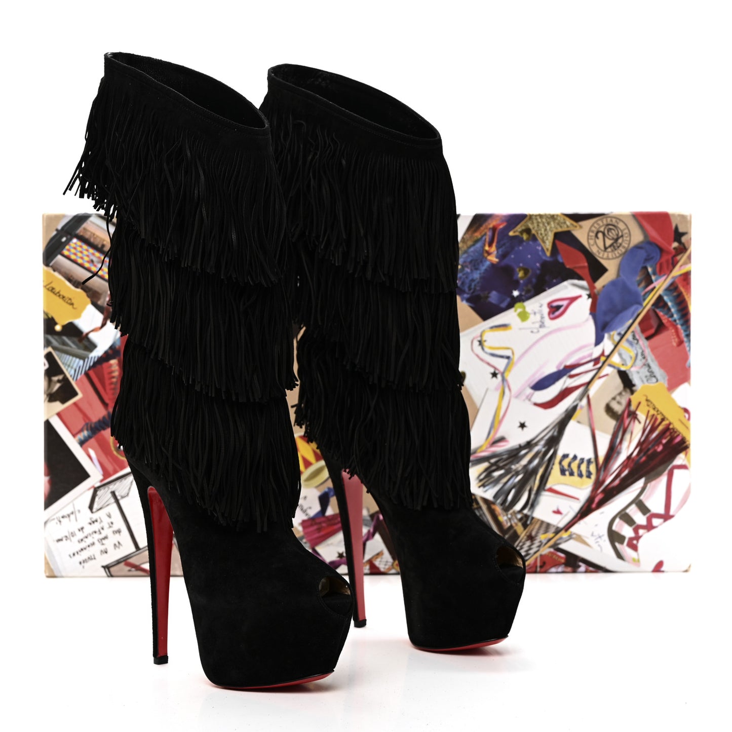 Suede Highness Tina Fringe Platform Peep Toe Boots 37.5 Black