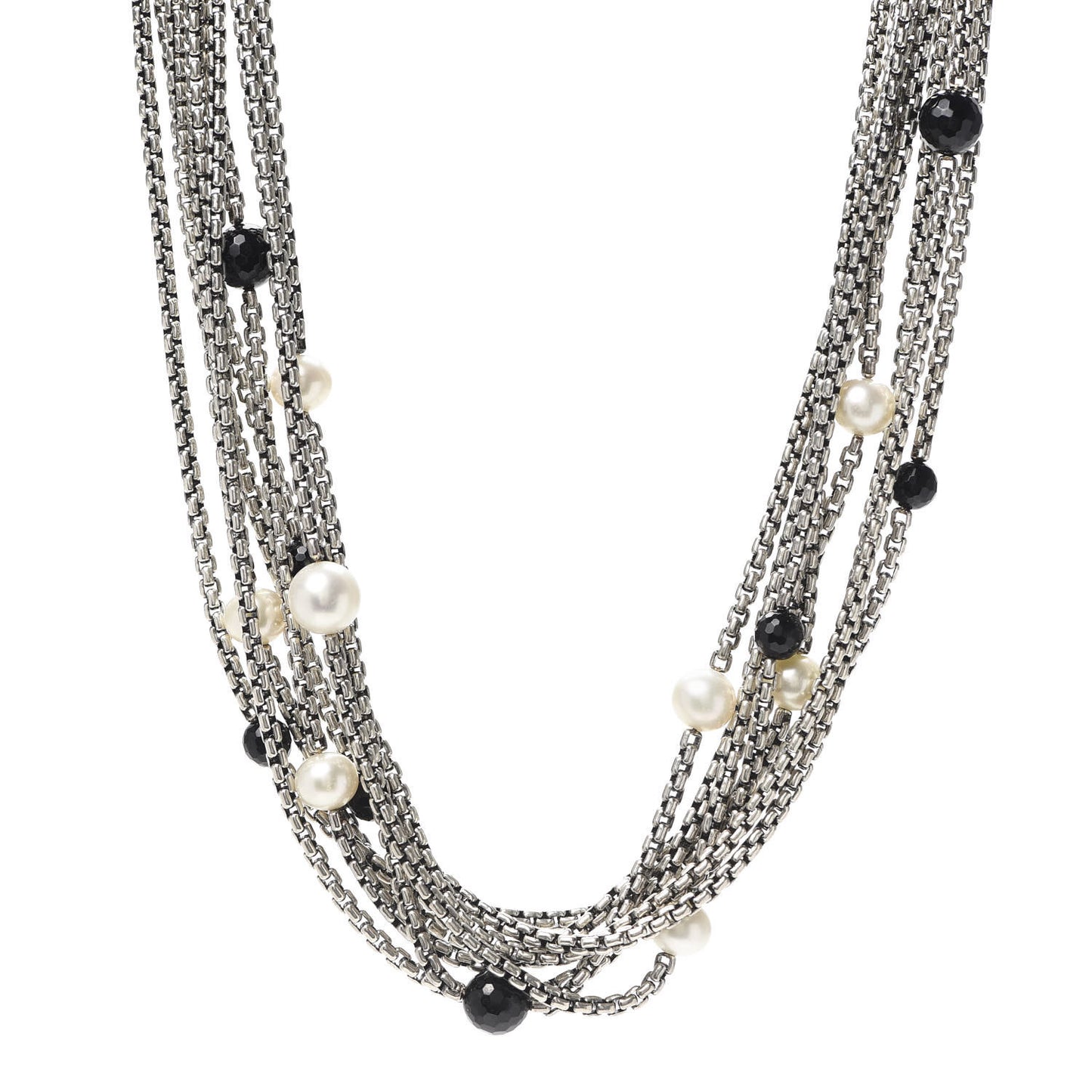 Sterling Silver 18K Yellow Gold Pearl Black Onyx Multi Strand Necklace