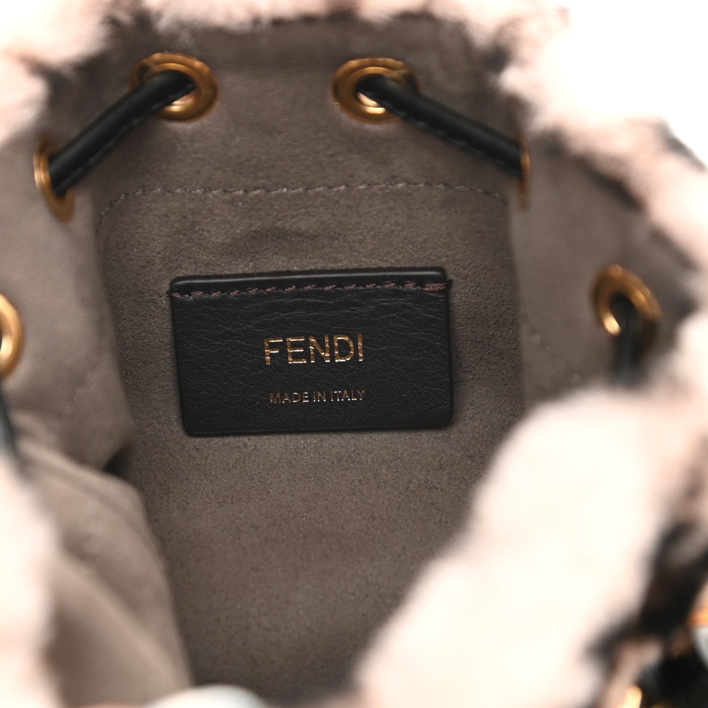 Shearling F is Fendi Macro FF 1974 Diagonal Mini Mon Tresor Bucket Bag Light Rose Black