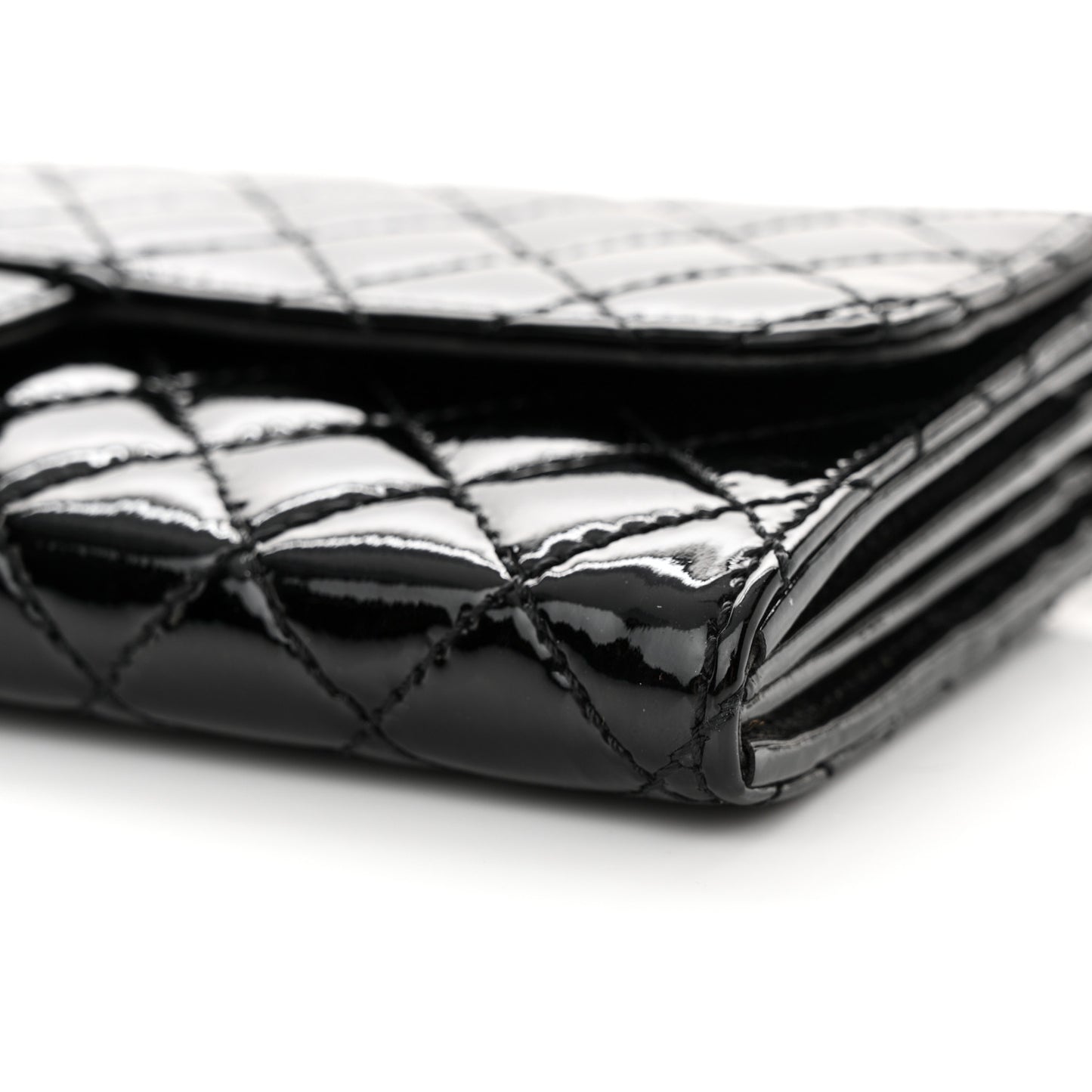 Patent Calfskin Quilted Flap Clutch With Chain Black