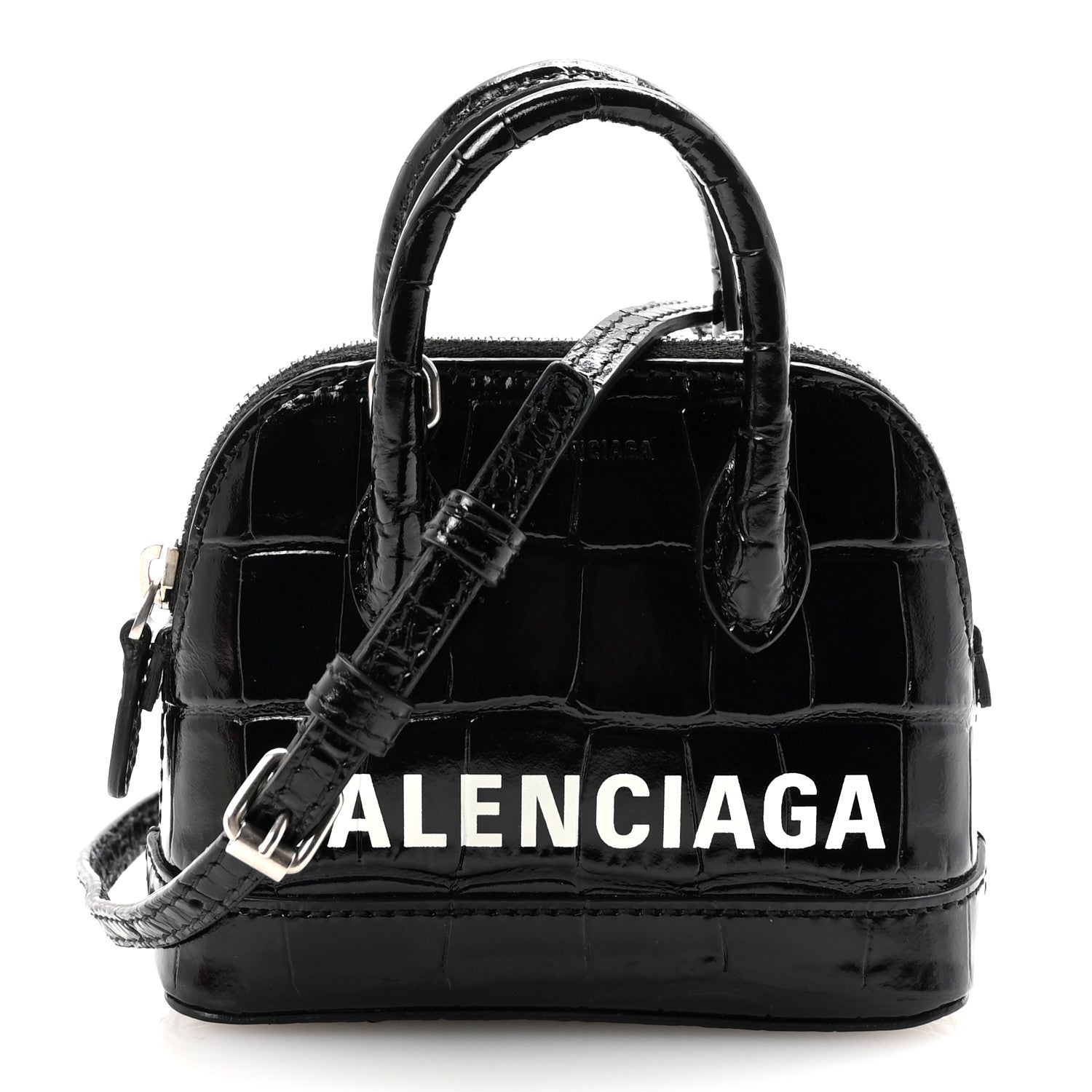 Balenciaga Shiny Calfskin Logo Crocodile Embossed Mini Ville Top