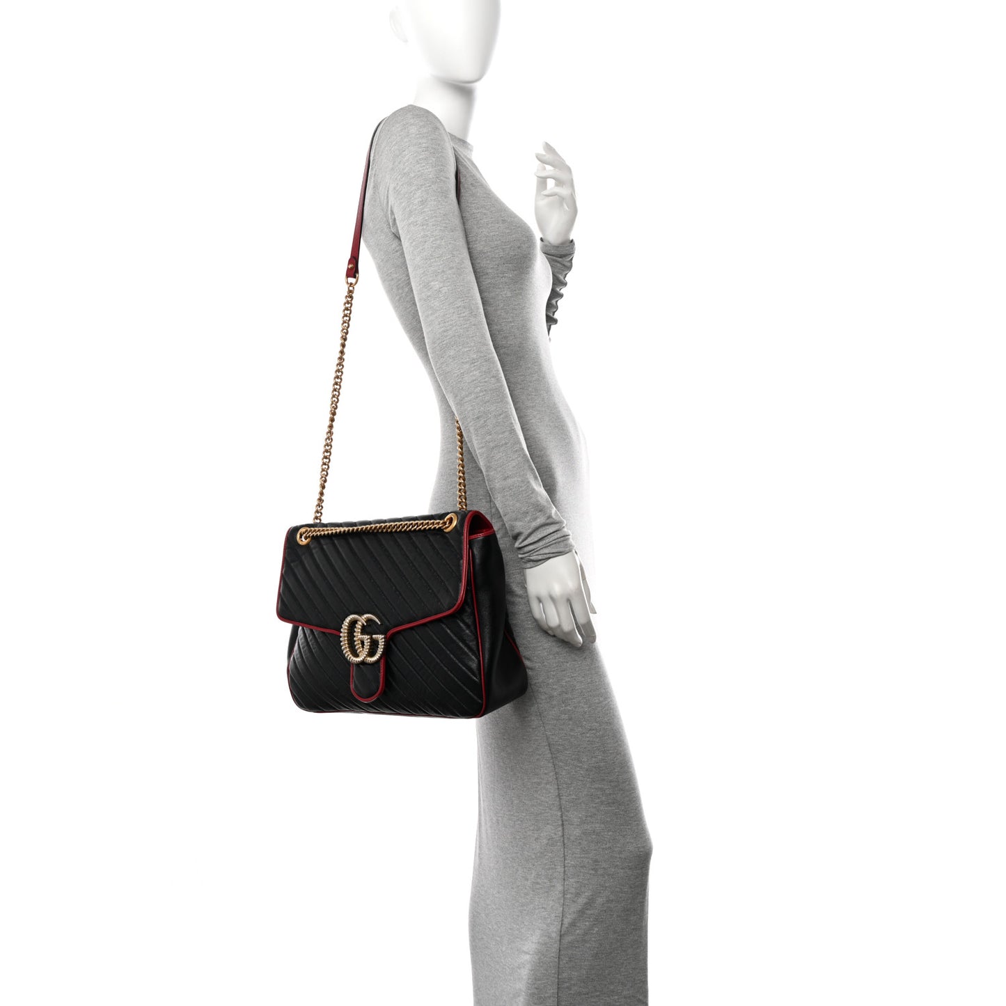 Vintage Effect Calfskin Matelasse Diagonal Large Torchon GG Marmont Shoulder Bag Black Romantic Cherry