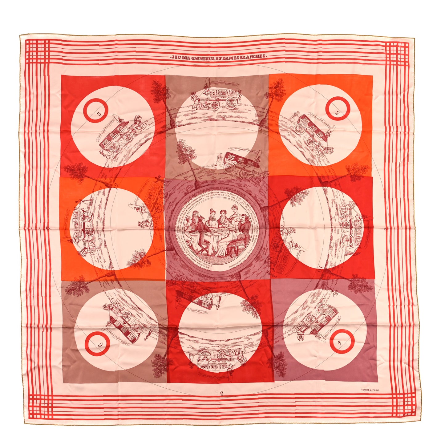 Silk Jersey Jeu Des Omnibus et Dames Blanches Scarf 140 White Caramel Orange