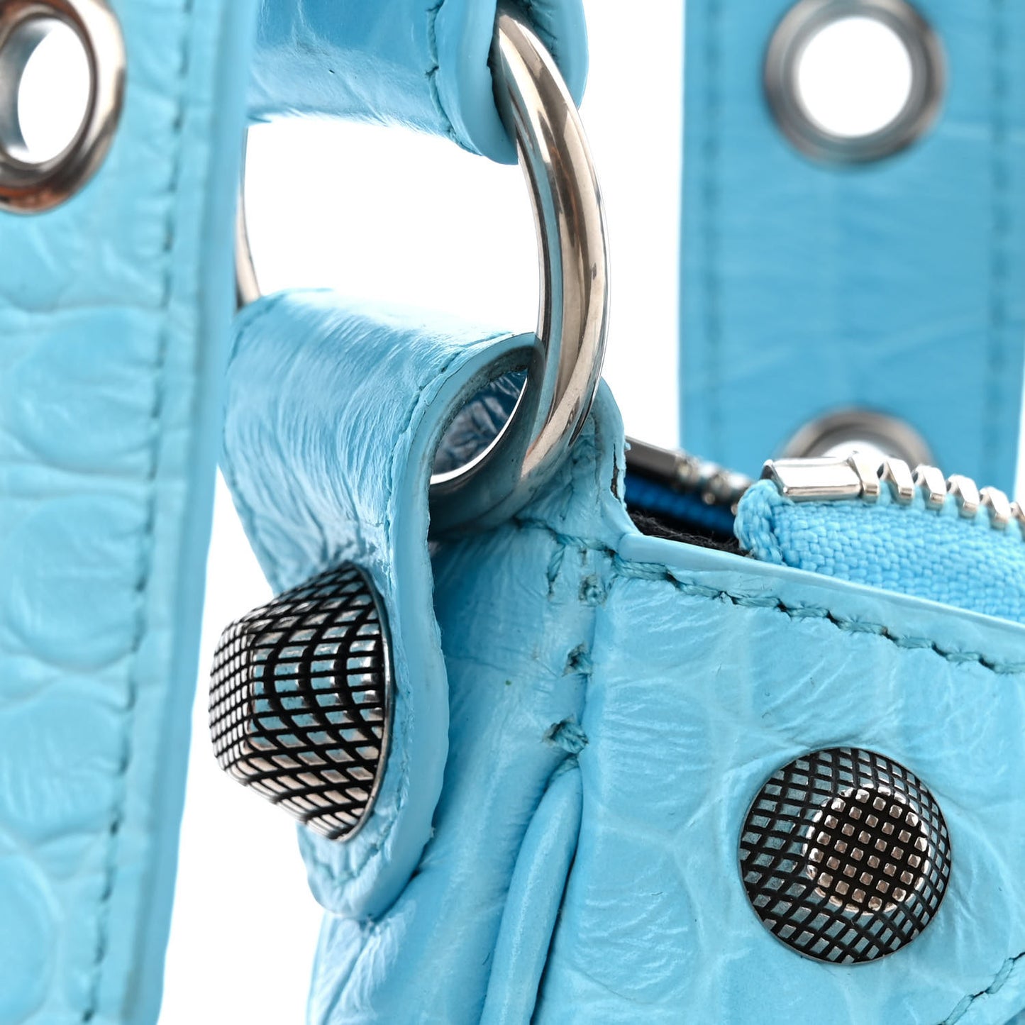 Extra Supple Calfskin Crocodile Embossed Le Cagole Shoulder Bag XS Sky Blue