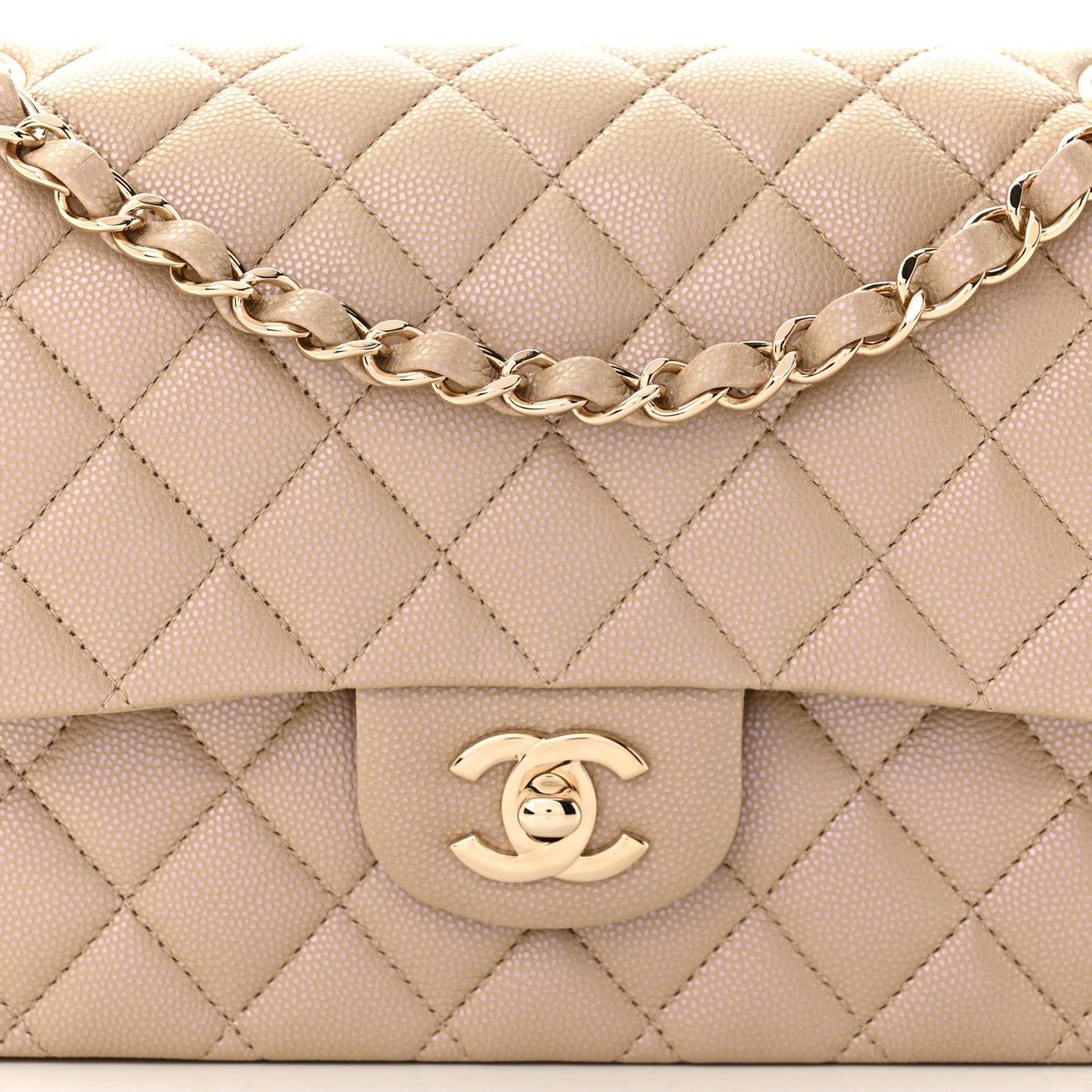 Iridescent Caviar Quilted Medium Double Flap Dark Beige