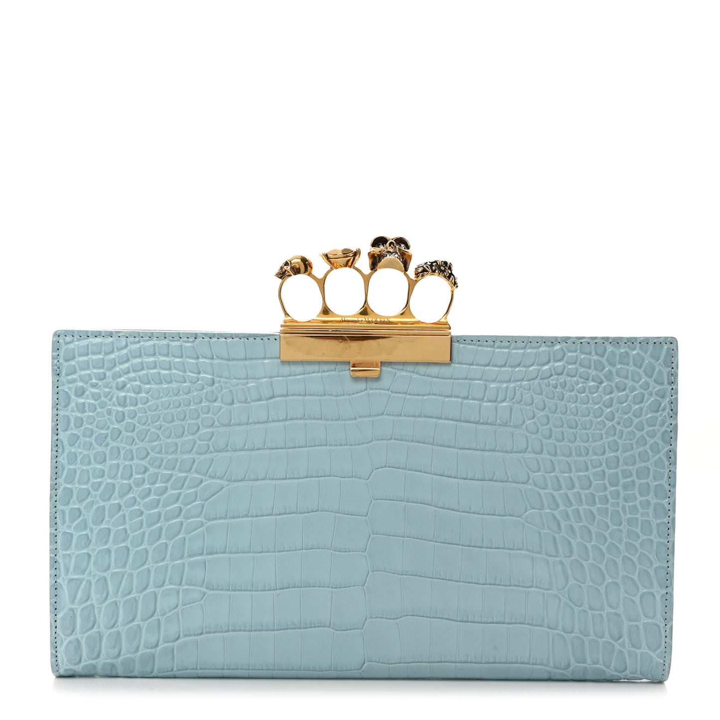 ALEXANDER MCQUEEN Calfskin Crocodile Embossed Knuckle Flat Clutch Light Blue
