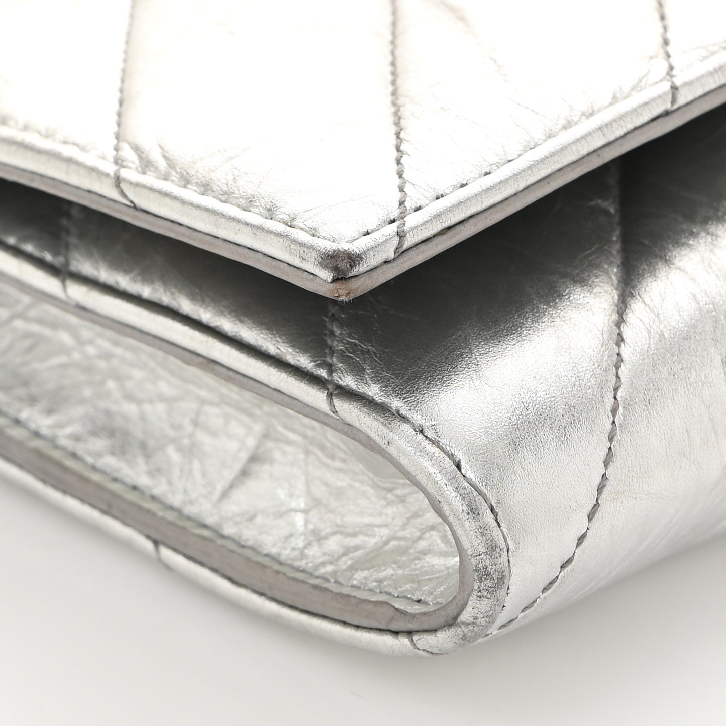 Metallic Calfskin Quilted Crush Wallet On Chain Silver