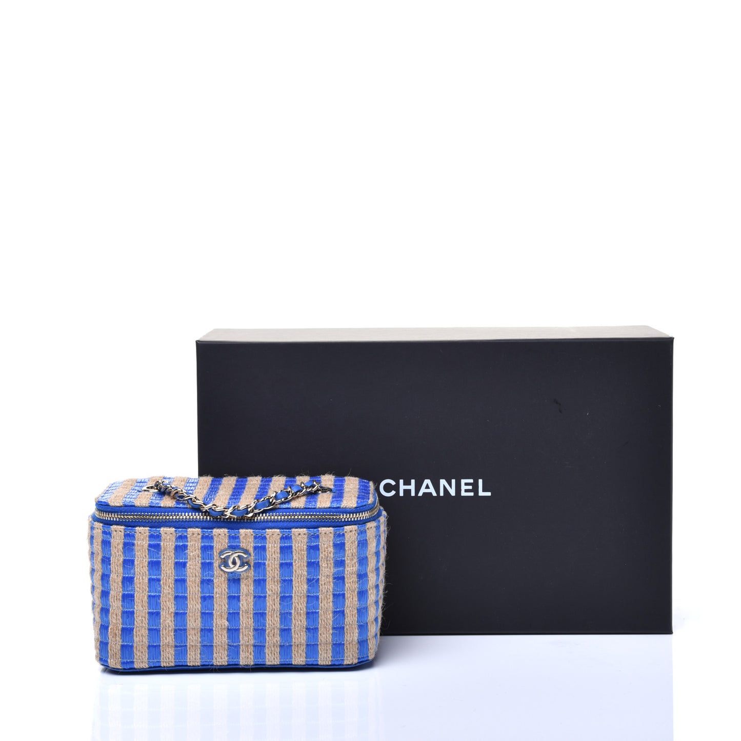 Raffia Jute Striped Small Vanity Case With Chain Blue Beige