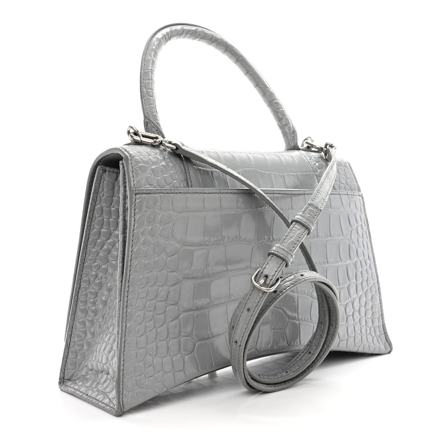 Shiny Calfskin Crocodile Embossed Medium Hourglass Top Handle Bag Balenciaga Grey