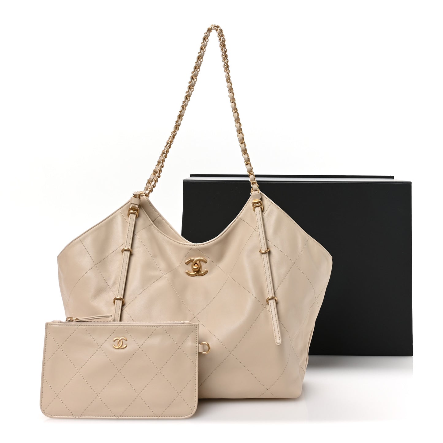 Calfskin Quilted Maxi Coco Large Shopping Bag Beige