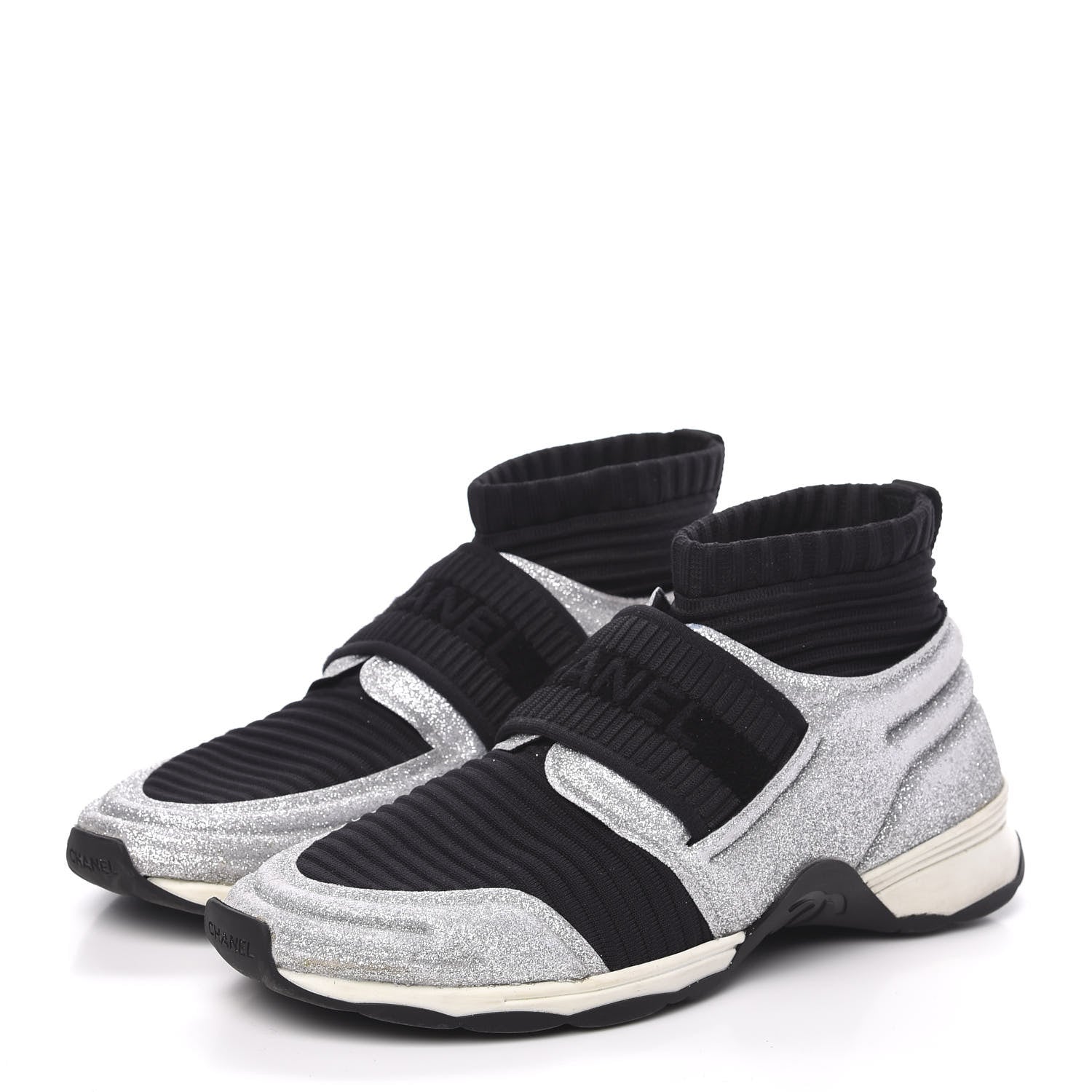 Chanel Glitter Stretch Fabric CC Sneakers 39 Black Silver 3 of 8