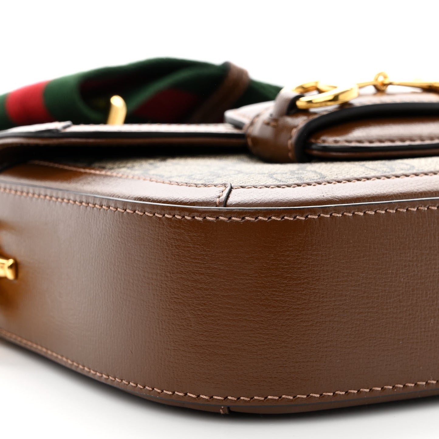 GG Supreme Monogram Azalea Calfskin Web Mini Horsebit 1955 Shoulder Bag Beige Ebony Brown Sugar