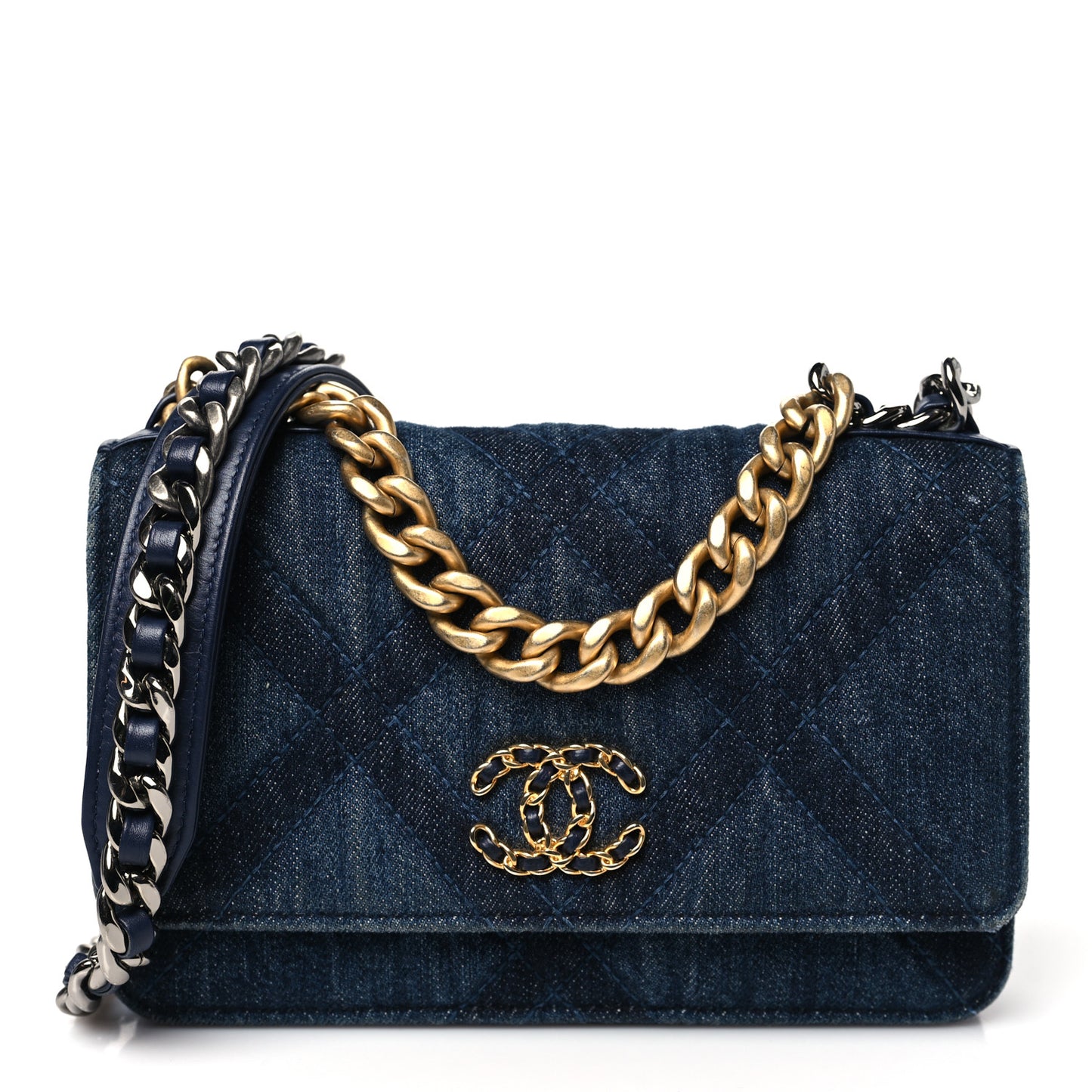 Denim Quilted Chanel 19 Wallet On Chain WOC Blue