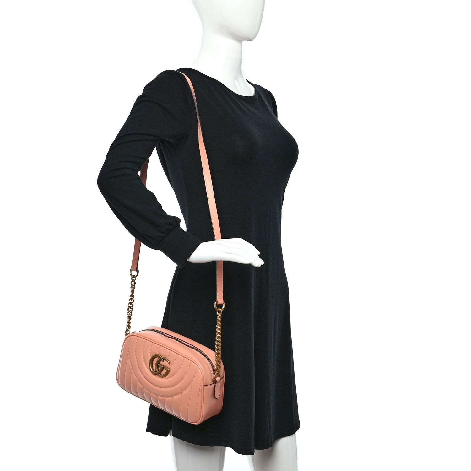 Gucci Calfskin Vertical Ring Matelasse Small GG Marmont Chain Shoulder Bag Peachy Chic 3 of 8