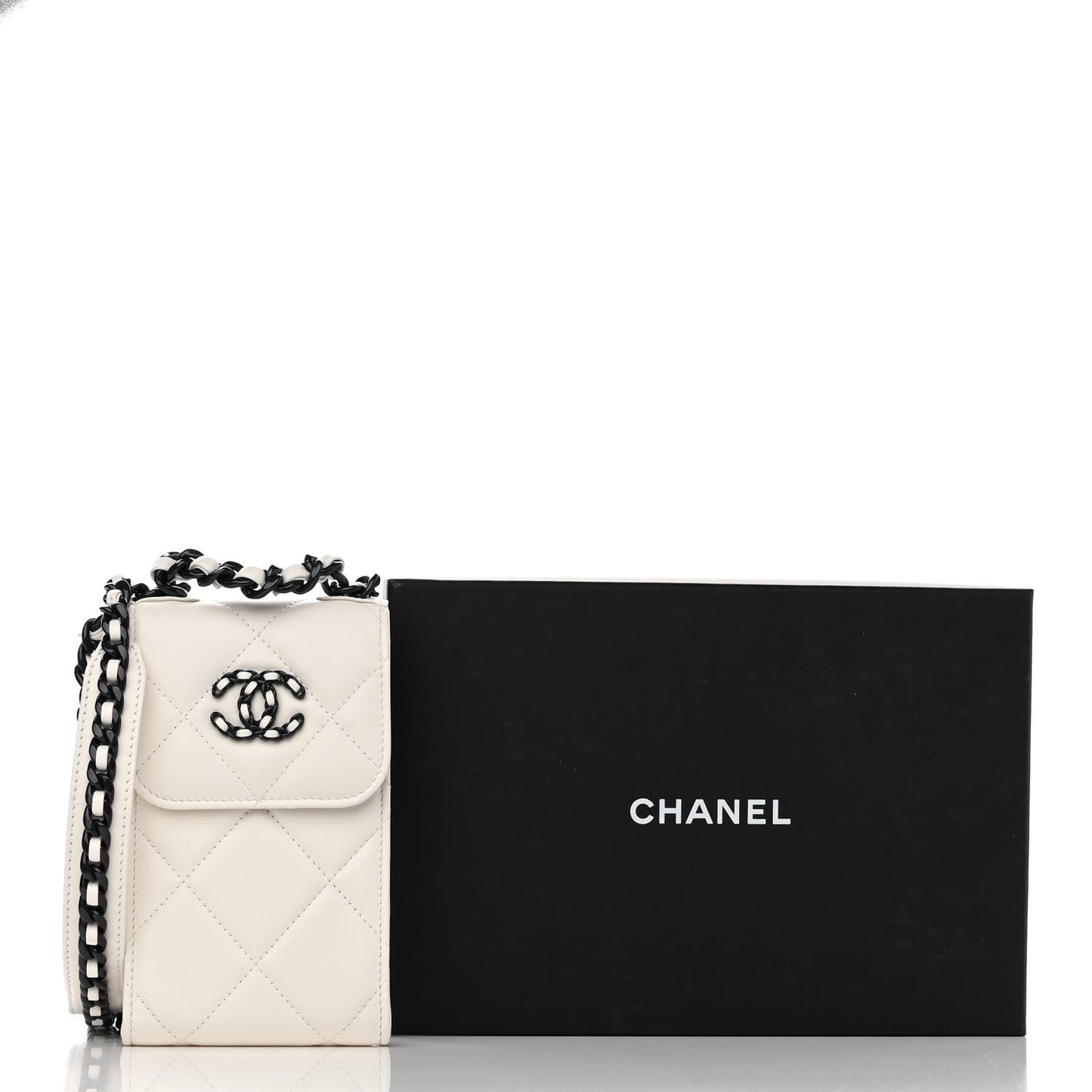 Lambskin Quilted Chanel 19 Phone Holder With Chain White
