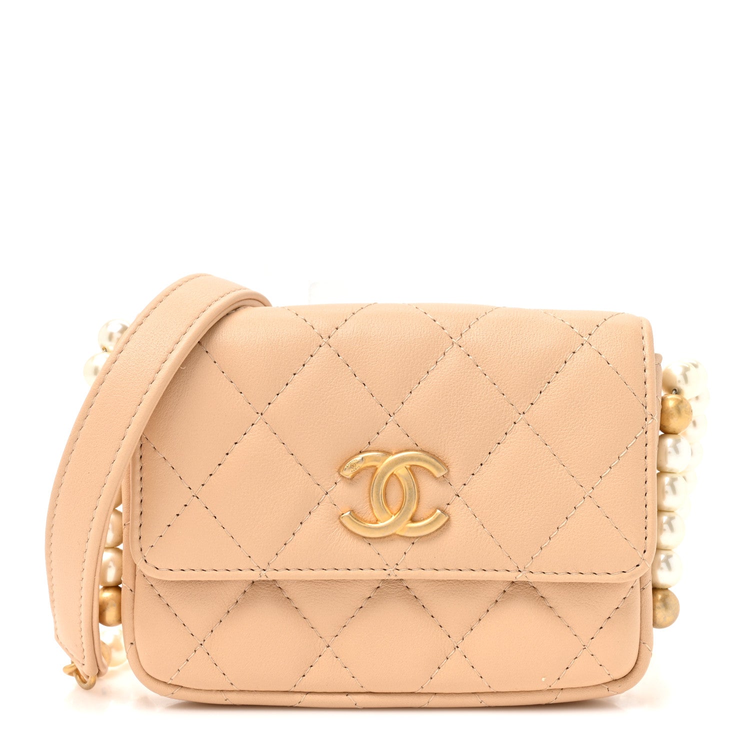 Chanel Calfskin Quilted Maxi Pearls Card Holder Flap With Chain