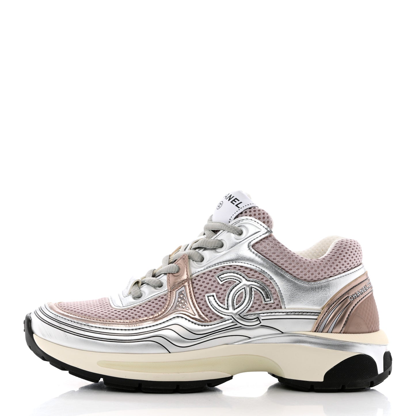 Fabric Laminated Calfskin Stretch CC Sneakers 37 Pink Silver