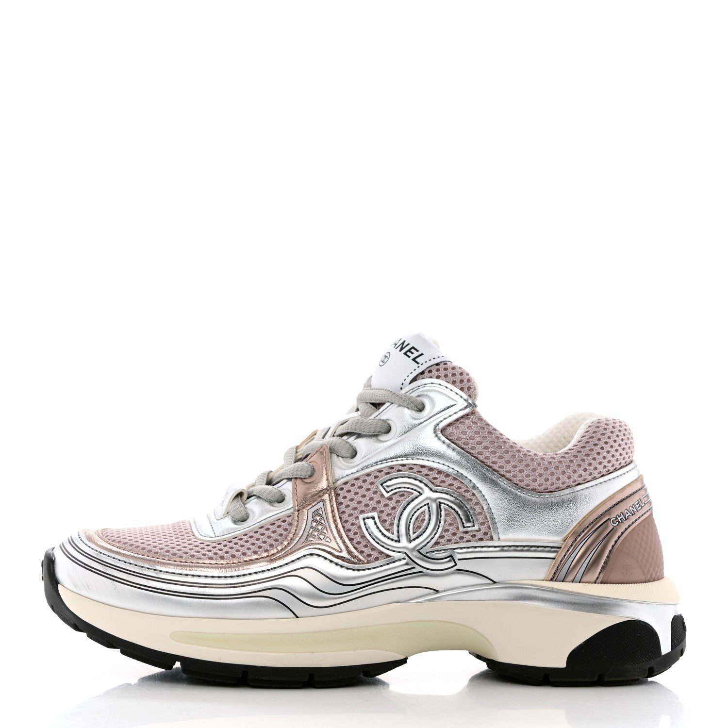 Chanel Fabric Laminated Calfskin Stretch CC Sneakers 37 Pink Silver 1 of 11