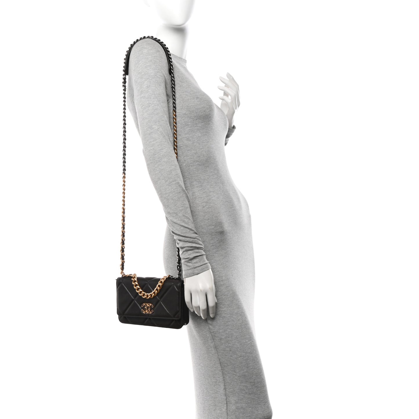 Lambskin Quilted Chanel 19 Wallet On Chain WOC Dark Brown