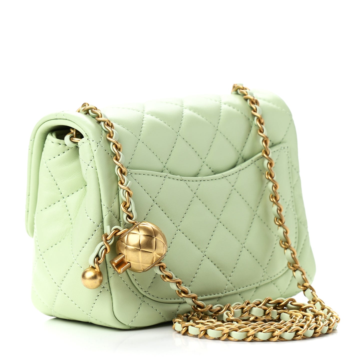 Lambskin Quilted Mini Pearl Crush Flap Light Green