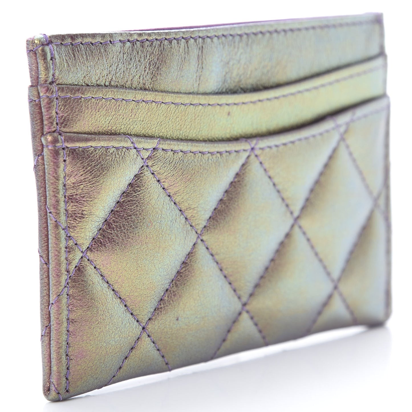 Iridescent Lambskin Quilted Card Holder Purple