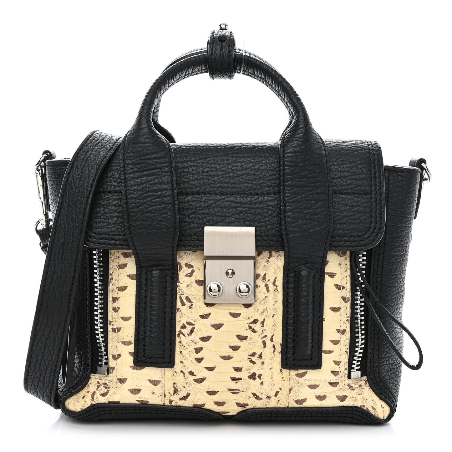 Textured Calfskin Elaphe Snakeskin Mini Pashli Satchel Natural Black