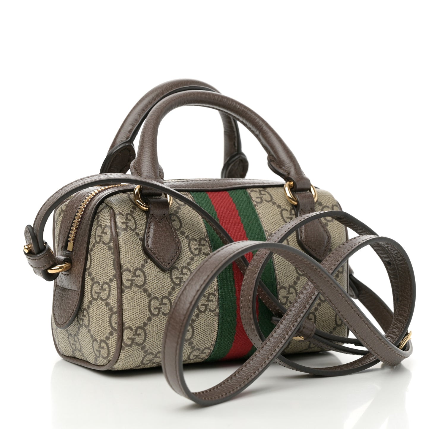 GG Supreme Monogram Textured Dollar Calfskin Web Super Mini Ophidia Top Handle Bowler Bag Beige Ebony New Acero
