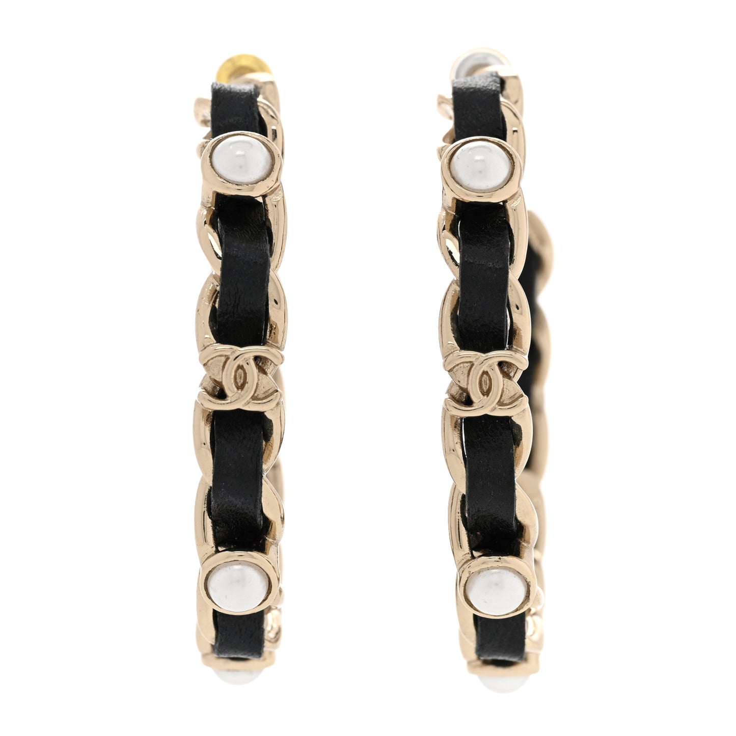 Lambskin Pearl More Is More CC Chain Hoop Earrings Gold Black