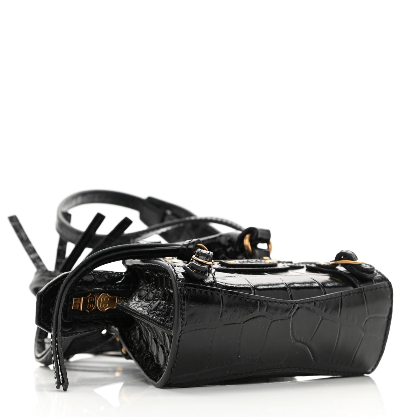 Shiny Supple Calfskin Crocodile Embossed Neo Classic Gold Hardware Super Nano City Crossbody Black