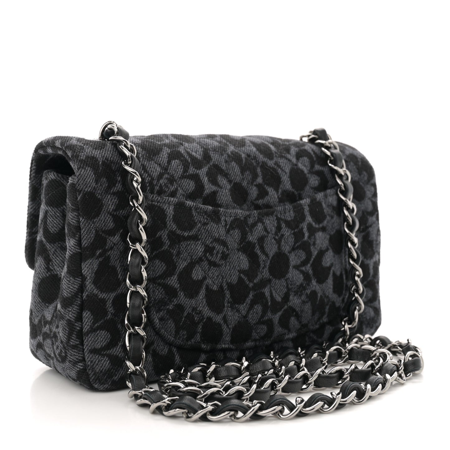 Printed Denim Quilted Flower Mini Rectangular Flap Black