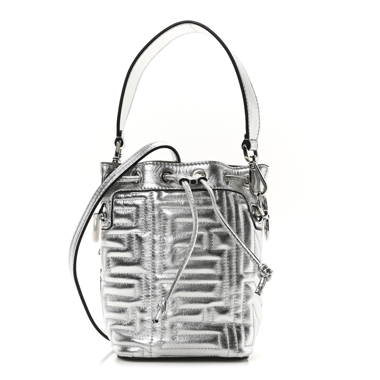 X MARC JACOBS Agnello Laminato Trapunta FF Mini Mon Tresor Bucket Bag Argento