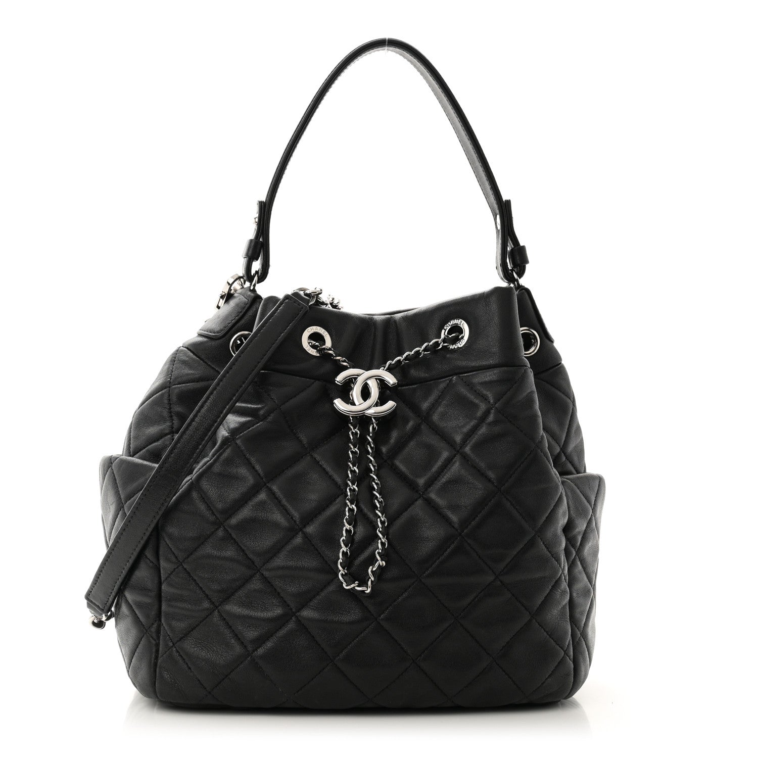 Chanel Lambskin Quilted CC Chain Bucket Drawstring Bag Black 1 of 11