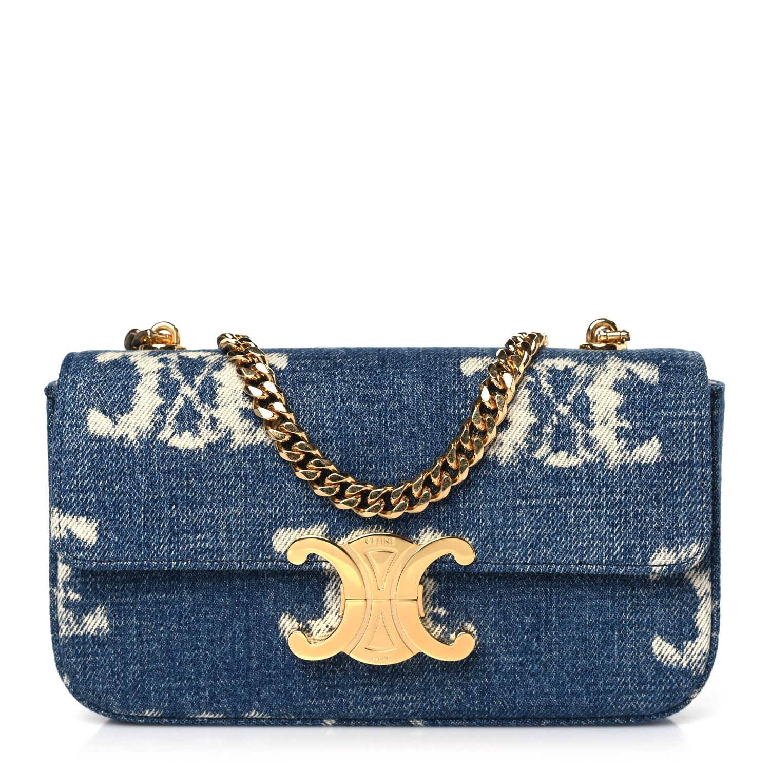 Celine Denim Triomphe Chain Shoulder Bag Navy Tan 1446359
