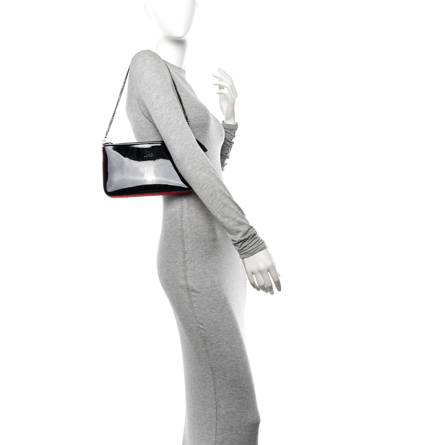 Patent Calfskin Strass Loubila Chain Clutch Black