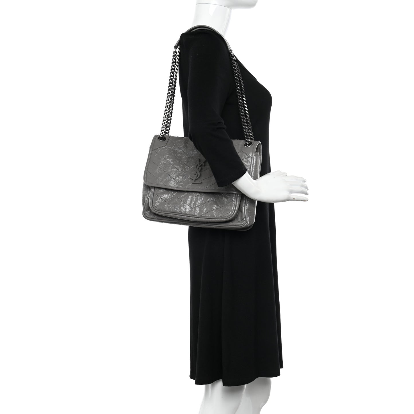 Crinkled Calfskin Matelasse Monogram Medium Niki Chain Satchel Fog