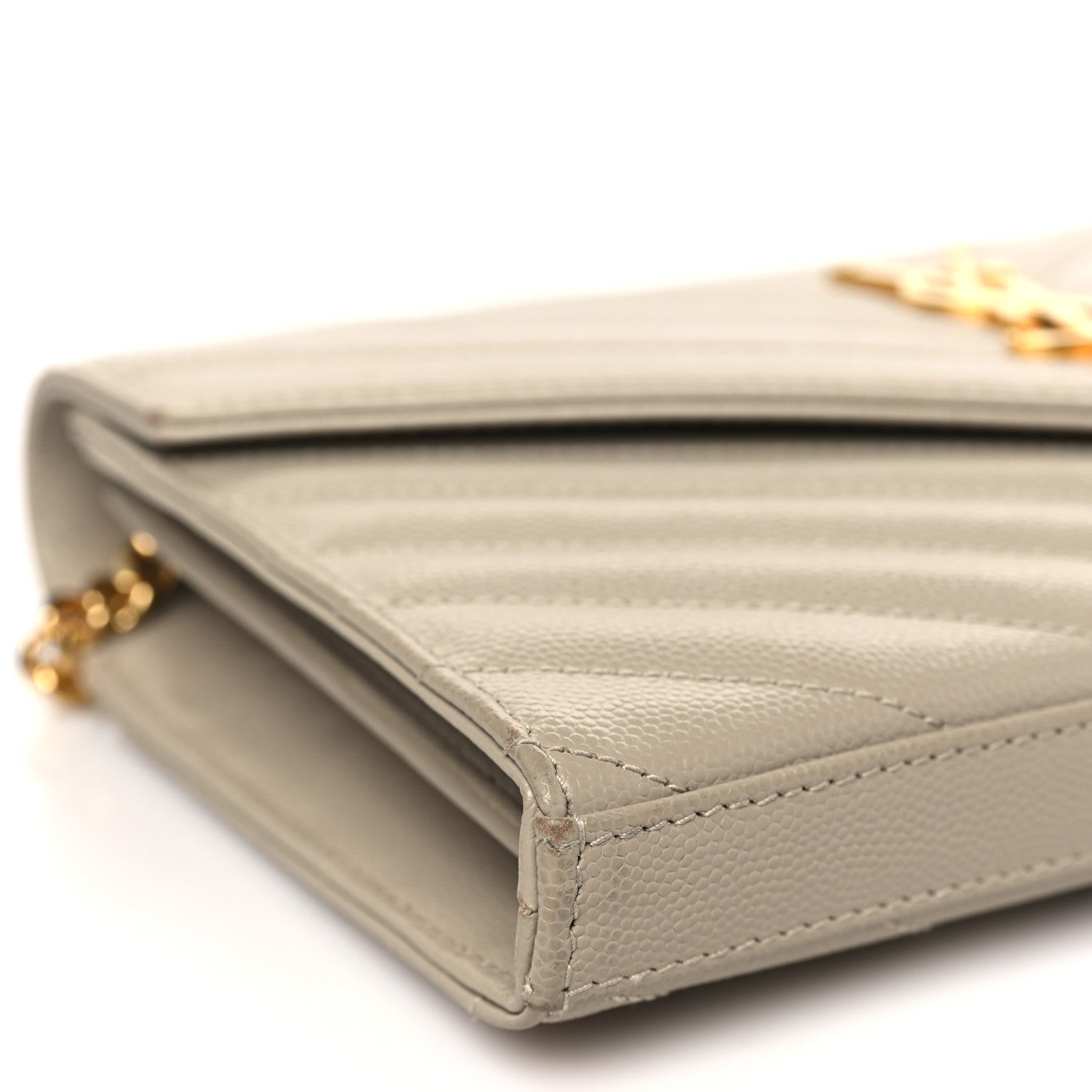 Saint Laurent Grain De Poudre Matelasse Chevron Monogram Chain Wallet Sea Salt 7 of 9