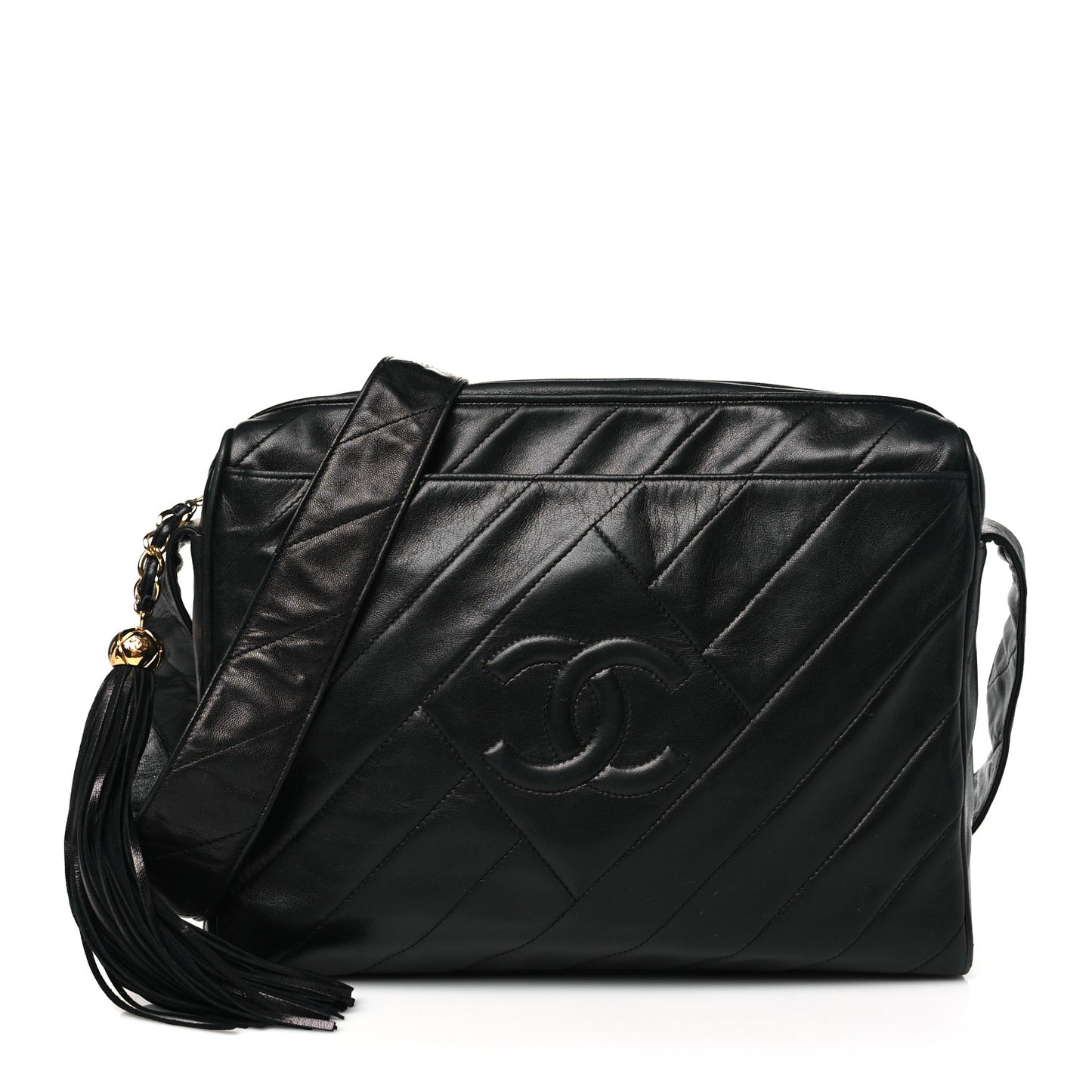 Lambskin Quilted CC Tassel Camera Case Black
